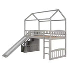 Lit mezzanine jumeau avec toboggan et escalier, lit mezzanine avec tiroirs de rangement, lit mezzanine cabane en bois pour enfants et tout-petits