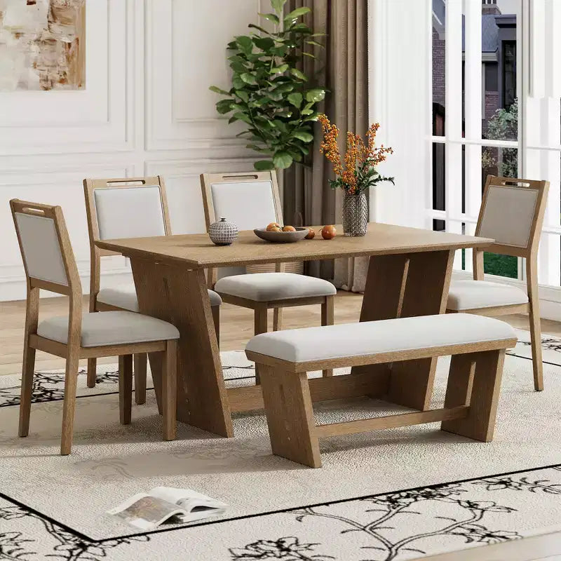 Ensemble de salle à manger Herty 6 pièces avec table de cuisine en hévéa de 152 cm et chaises et banc rembourrés