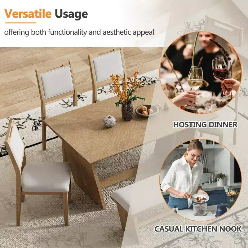 Ensemble de salle à manger Herty 6 pièces avec table de cuisine en hévéa de 152 cm et chaises et banc rembourrés
