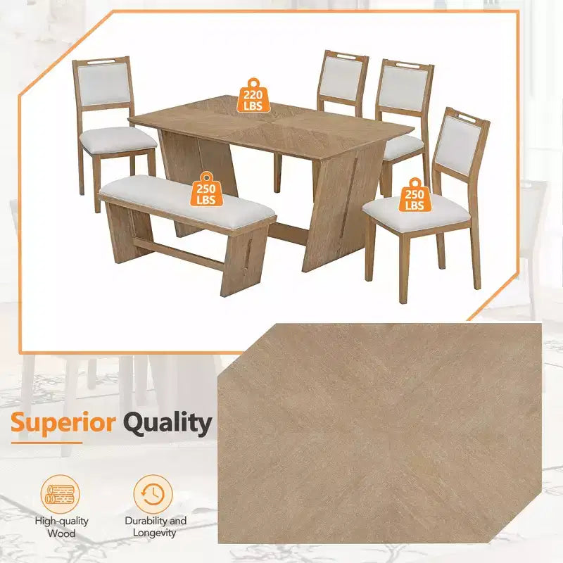 Ensemble de salle à manger Herty 6 pièces avec table de cuisine en hévéa de 152 cm et chaises et banc rembourrés