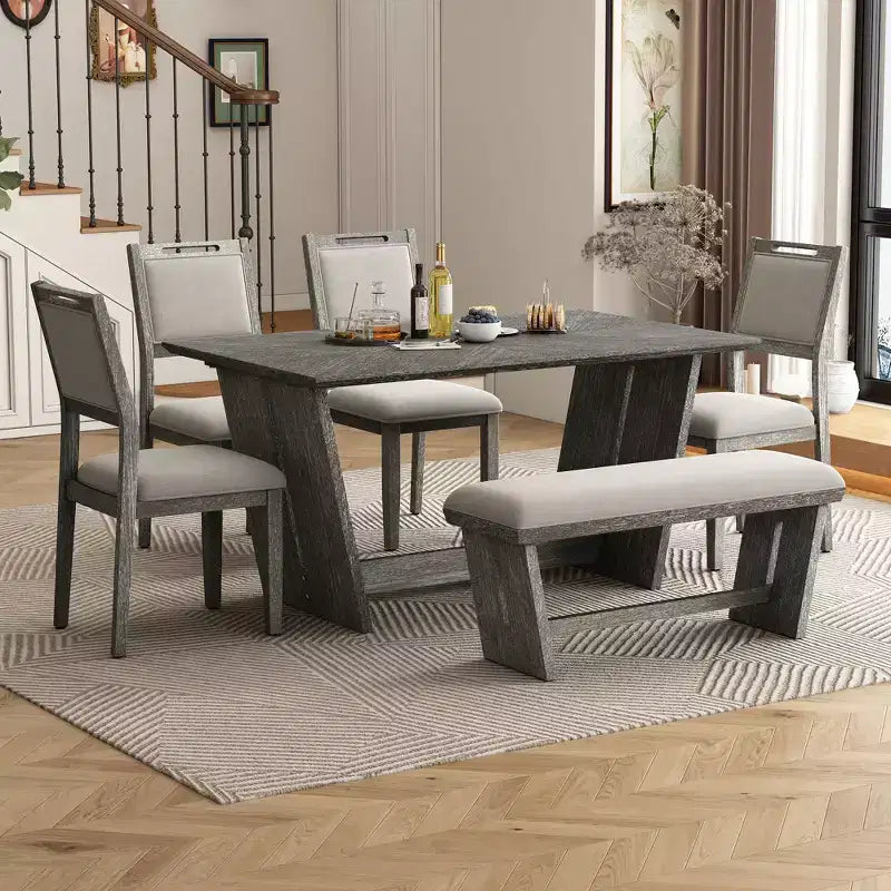 Ensemble de salle à manger Herty 6 pièces avec table de cuisine en hévéa de 152 cm et chaises et banc rembourrés