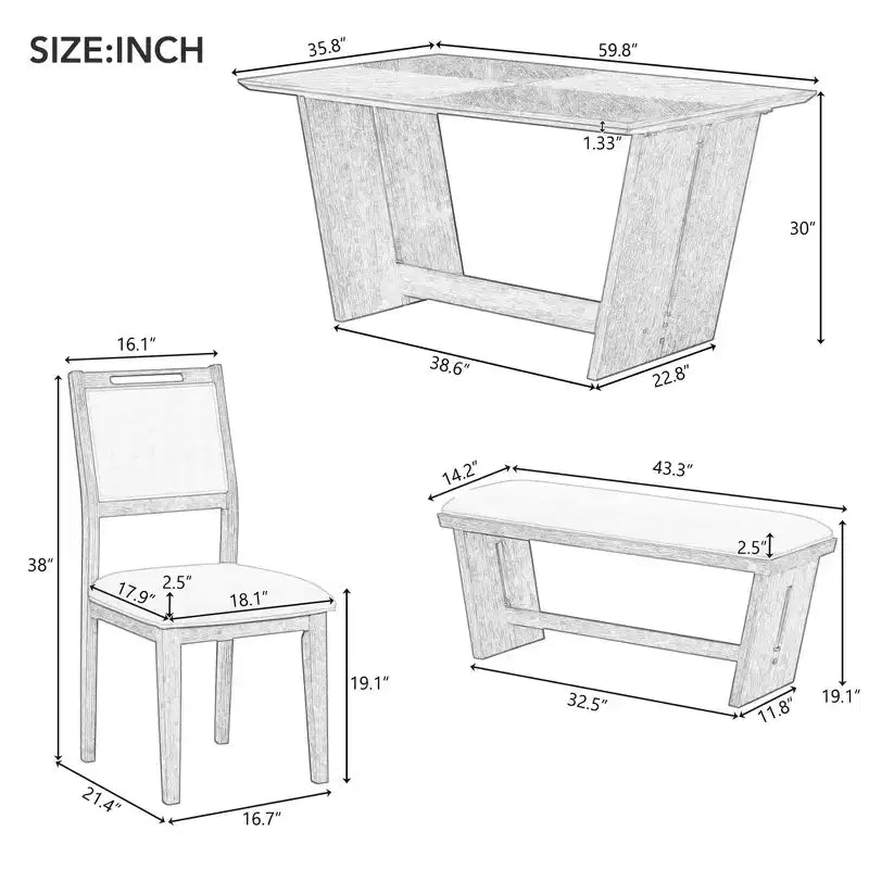 Ensemble de salle à manger Herty 6 pièces avec table de cuisine en hévéa de 152 cm et chaises et banc rembourrés