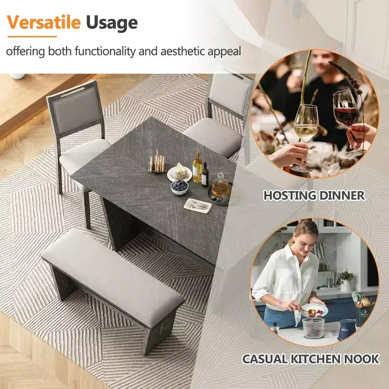 Ensemble de salle à manger Herty 6 pièces avec table de cuisine en hévéa de 152 cm et chaises et banc rembourrés