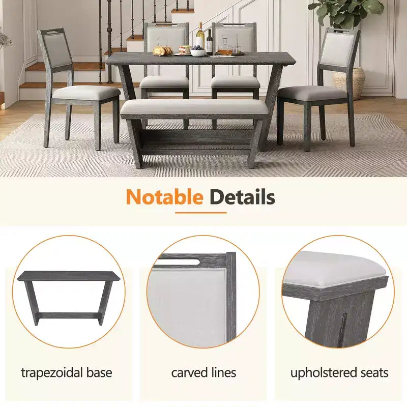Ensemble de salle à manger Herty 6 pièces avec table de cuisine en hévéa de 152 cm et chaises et banc rembourrés
