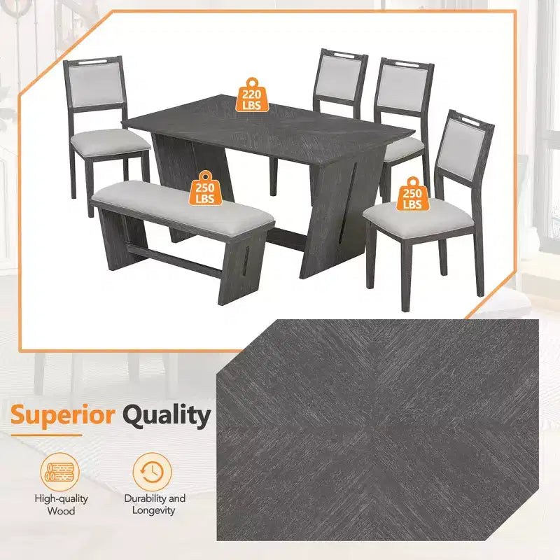 Ensemble de salle à manger Herty 6 pièces avec table de cuisine en hévéa de 152 cm et chaises et banc rembourrés