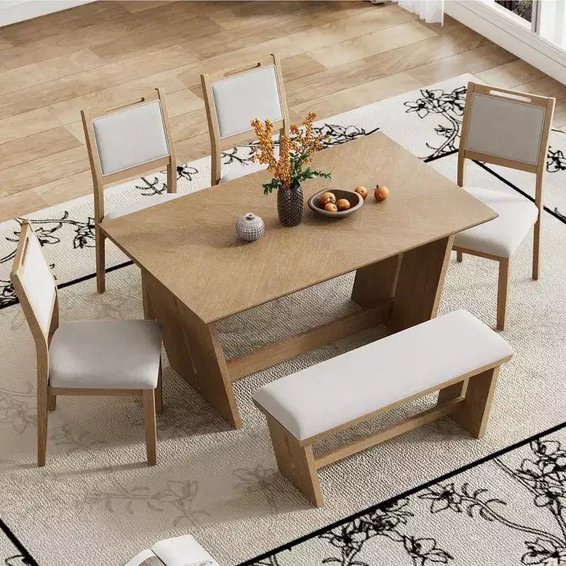 Ensemble de salle à manger Herty 6 pièces avec table de cuisine en hévéa de 152 cm et chaises et banc rembourrés