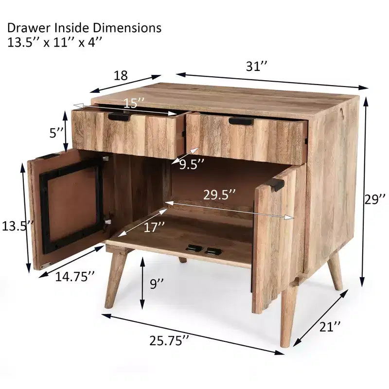 Meuble d'appoint avec 2 tiroirs, buffet de rangement en bois de manguier à grain naturel