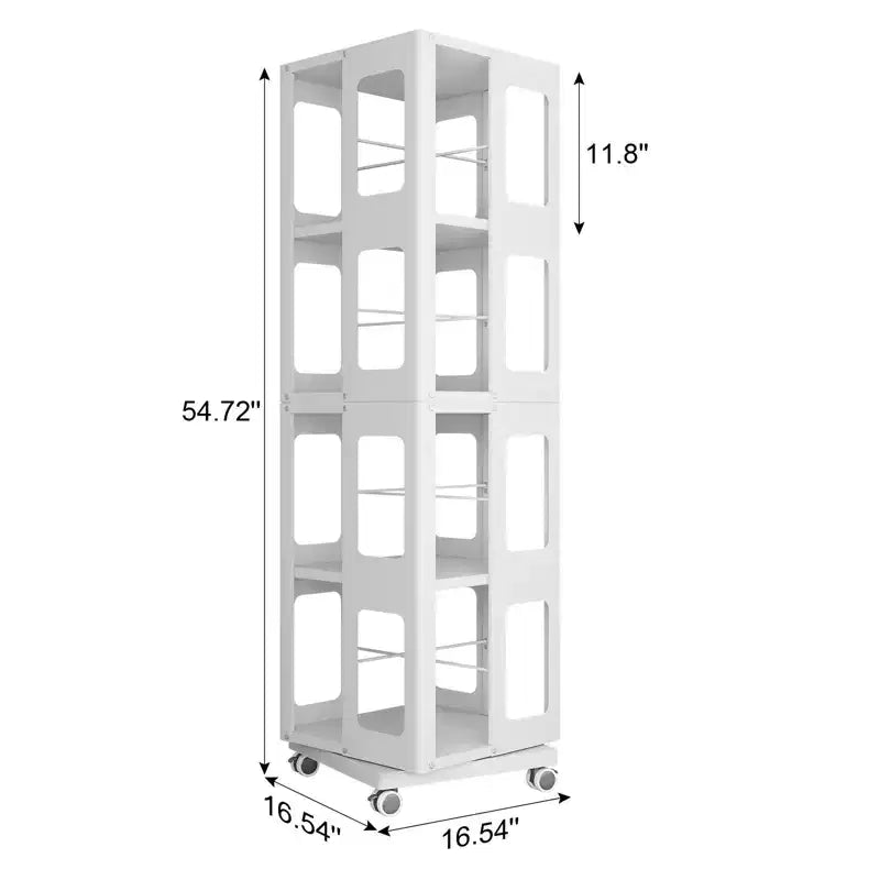 Bibliothèque rotative tout acier avec roulettes à 360°, étagères de rangement à 4 niveaux, organisateur de rangement pour salon, couloir, bureau