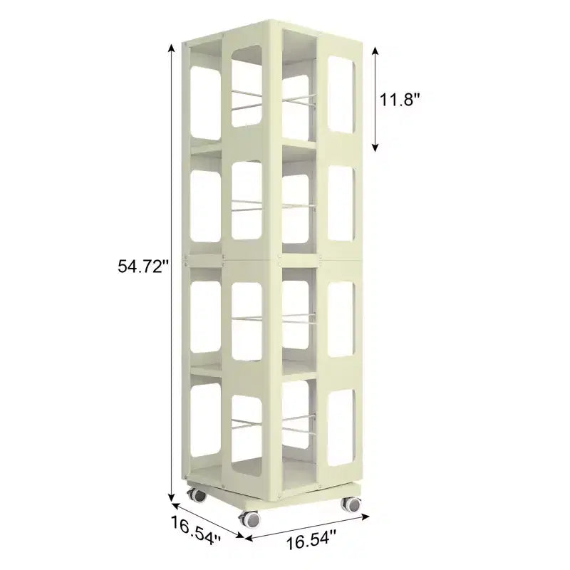 Bibliothèque rotative tout acier avec roulettes à 360°, étagères de rangement à 4 niveaux, organisateur de rangement pour salon, couloir, bureau