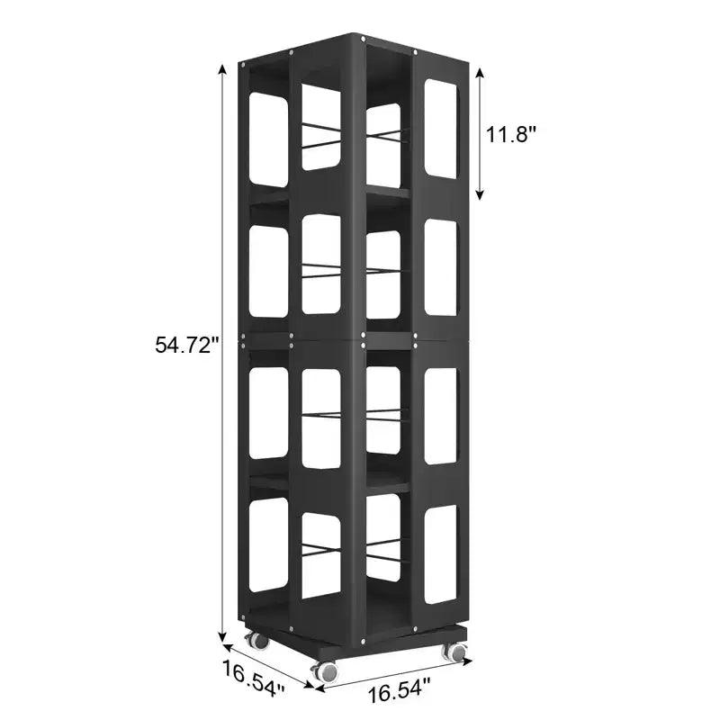 Bibliothèque rotative tout acier avec roulettes à 360°, étagères de rangement à 4 niveaux, organisateur de rangement pour salon, couloir, bureau