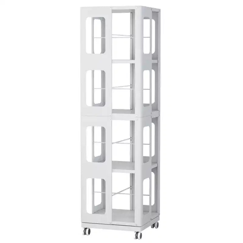 Bibliothèque rotative tout acier avec roulettes à 360°, étagères de rangement à 4 niveaux, organisateur de rangement pour salon, couloir, bureau