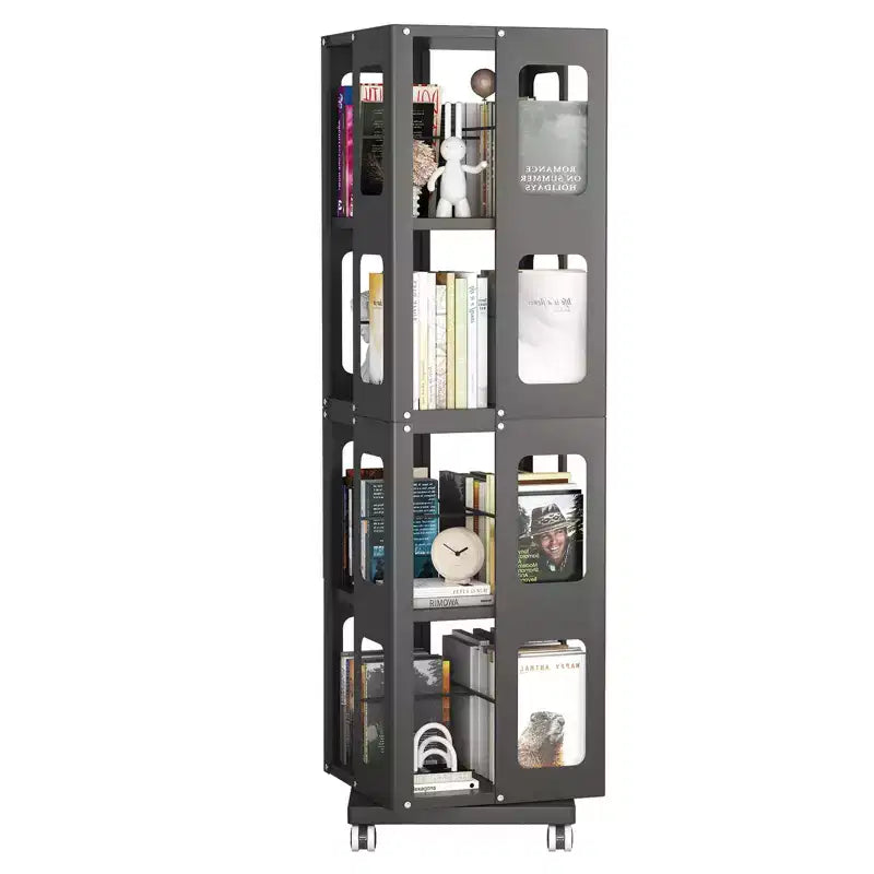 Bibliothèque rotative tout acier avec roulettes à 360°, étagères de rangement à 4 niveaux, organisateur de rangement pour salon, couloir, bureau
