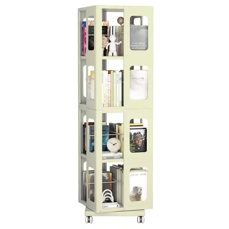 Bibliothèque rotative tout acier avec roulettes à 360°, étagères de rangement à 4 niveaux, organisateur de rangement pour salon, couloir, bureau