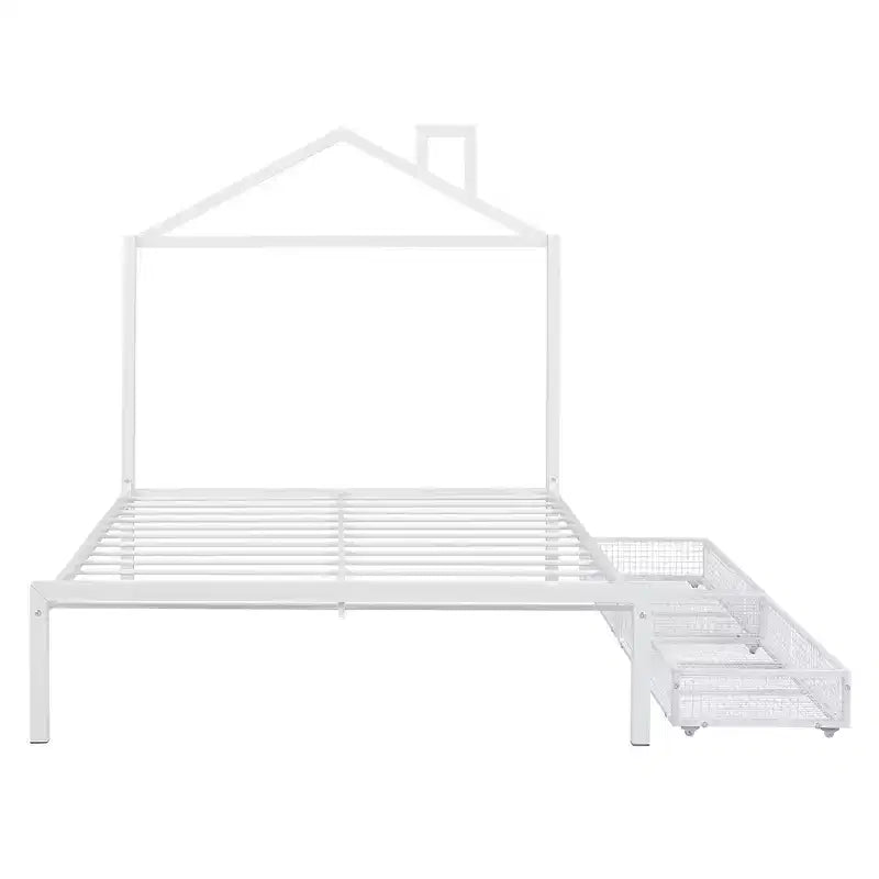 Lit Double pour Enfants, Lit Double en Métal avec Tiroir pour Garçons, Filles, Cadre de Lit Double avec Tête de Lit en Forme de Maison, Lit Cabane Double, Blanc