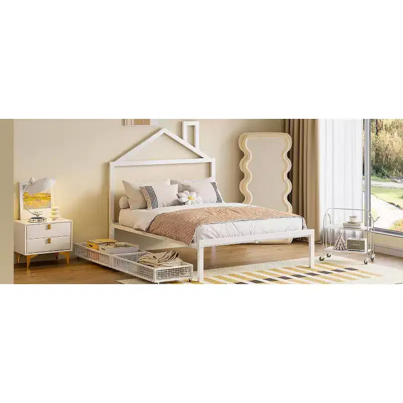 Lit Double pour Enfants, Lit Double en Métal avec Tiroir pour Garçons, Filles, Cadre de Lit Double avec Tête de Lit en Forme de Maison, Lit Cabane Double, Blanc