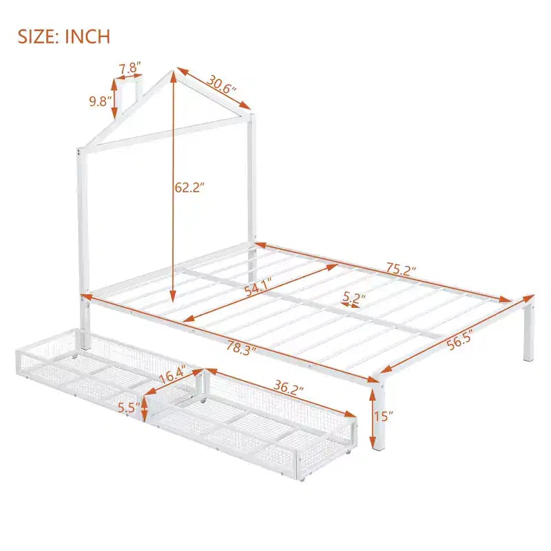 Lit Double pour Enfants, Lit Double en Métal avec Tiroir pour Garçons, Filles, Cadre de Lit Double avec Tête de Lit en Forme de Maison, Lit Cabane Double, Blanc