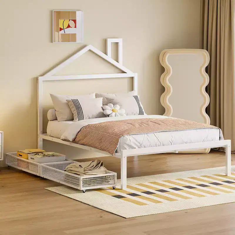 Lit Double pour Enfants, Lit Double en Métal avec Tiroir pour Garçons, Filles, Cadre de Lit Double avec Tête de Lit en Forme de Maison, Lit Cabane Double, Blanc