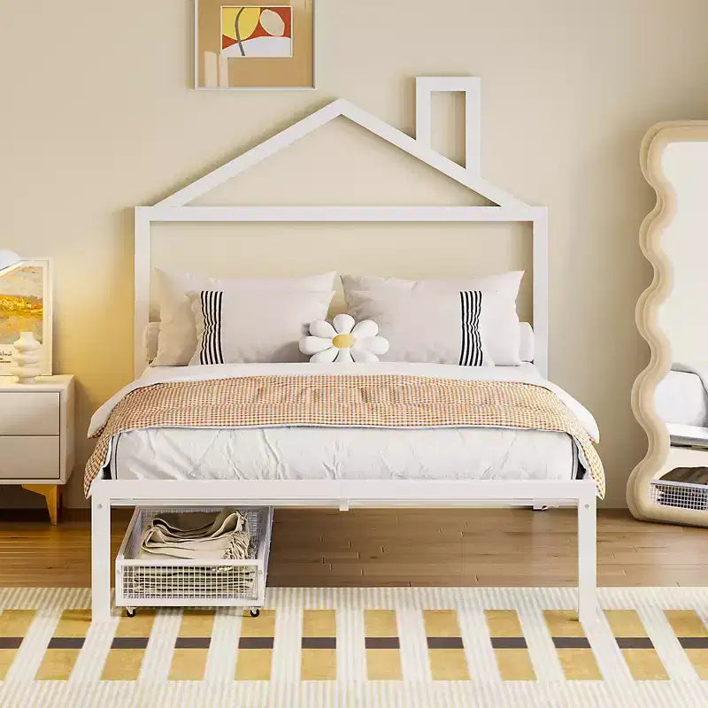 Lit Double pour Enfants, Lit Double en Métal avec Tiroir pour Garçons, Filles, Cadre de Lit Double avec Tête de Lit en Forme de Maison, Lit Cabane Double, Blanc