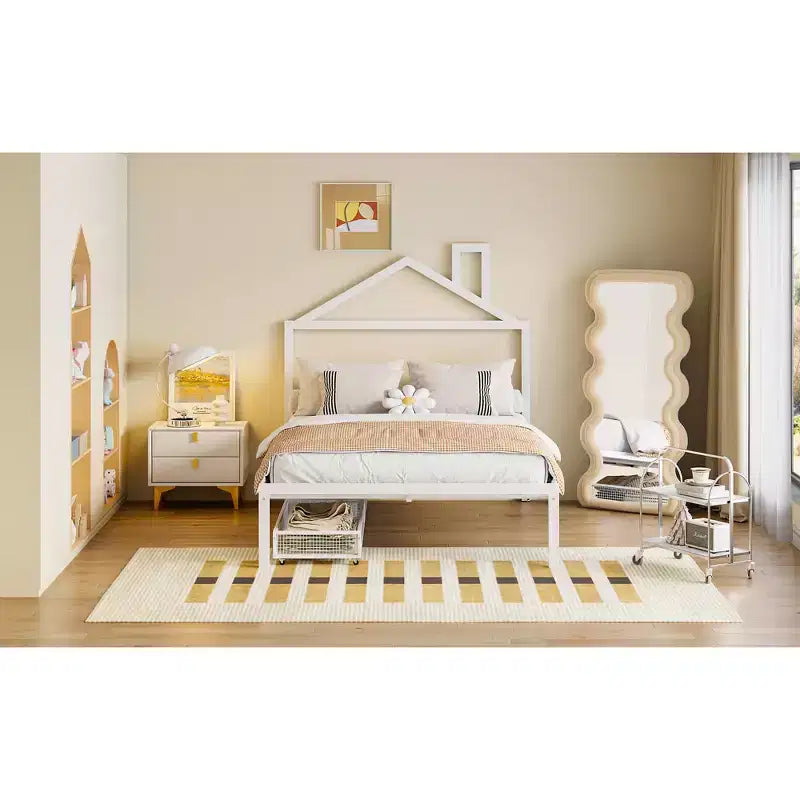 Lit Double pour Enfants, Lit Double en Métal avec Tiroir pour Garçons, Filles, Cadre de Lit Double avec Tête de Lit en Forme de Maison, Lit Cabane Double, Blanc