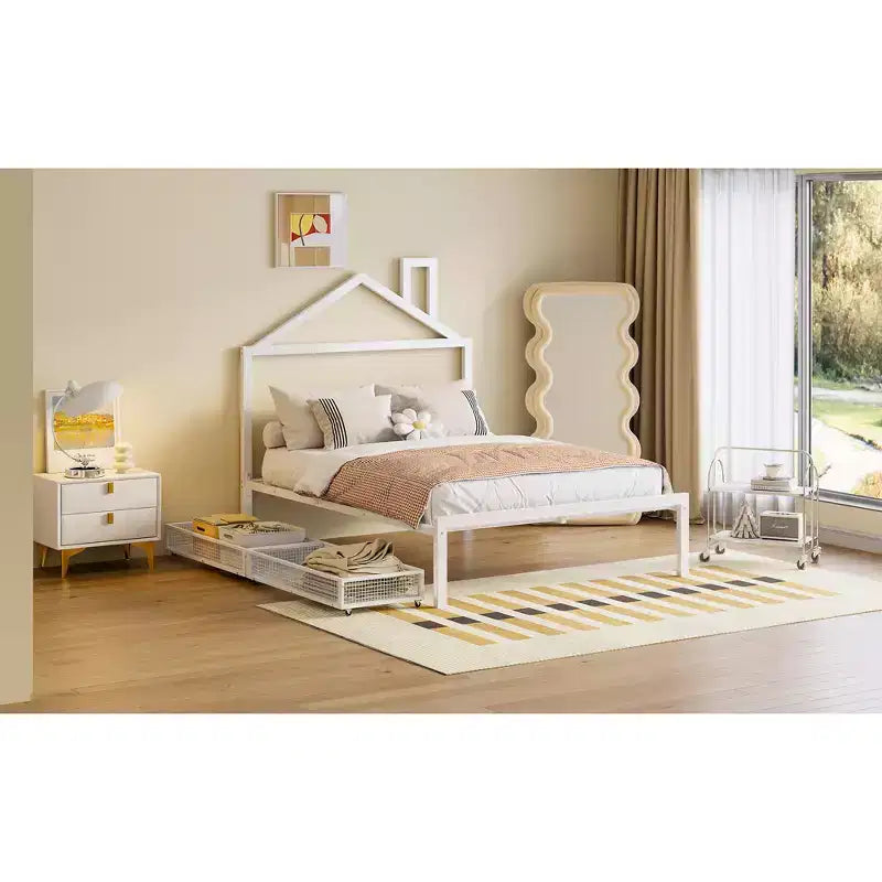 Lit Double pour Enfants, Lit Double en Métal avec Tiroir pour Garçons, Filles, Cadre de Lit Double avec Tête de Lit en Forme de Maison, Lit Cabane Double, Blanc