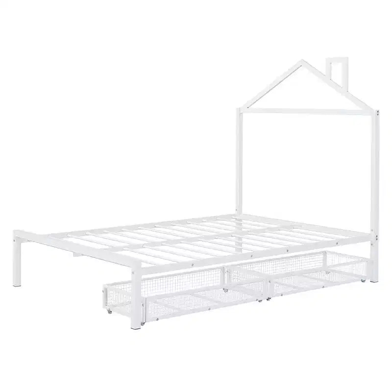 Lit Double pour Enfants, Lit Double en Métal avec Tiroir pour Garçons, Filles, Cadre de Lit Double avec Tête de Lit en Forme de Maison, Lit Cabane Double, Blanc