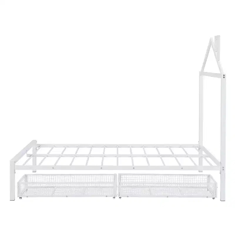 Lit Double pour Enfants, Lit Double en Métal avec Tiroir pour Garçons, Filles, Cadre de Lit Double avec Tête de Lit en Forme de Maison, Lit Cabane Double, Blanc