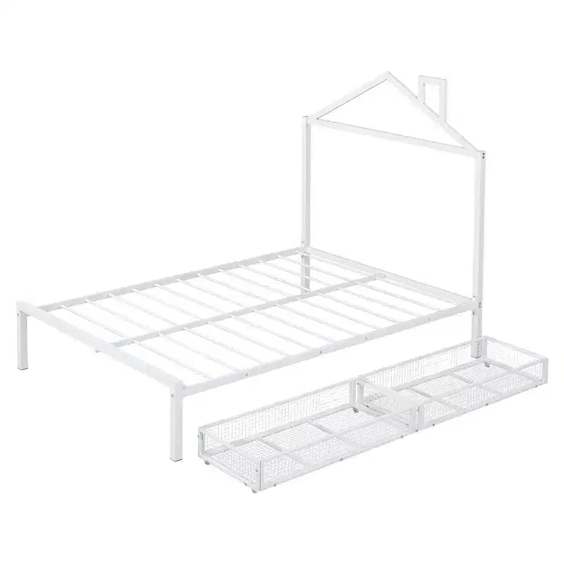 Lit Double pour Enfants, Lit Double en Métal avec Tiroir pour Garçons, Filles, Cadre de Lit Double avec Tête de Lit en Forme de Maison, Lit Cabane Double, Blanc