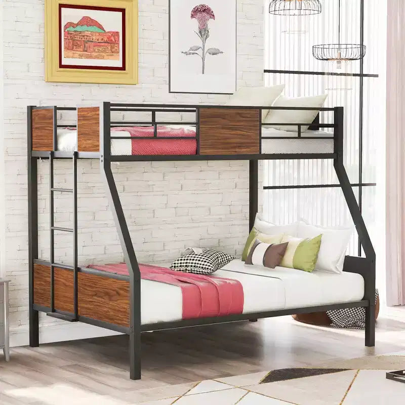 Twin over Full Metal Bunk Bed with Wood Grain, Metal Bunkbeds Frame with Safety Rail for Kids Adults, Brown