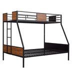 Lit superposé en métal double sur intégral avec motif grain de bois, Cadre de lits superposés en métal avec rail de sécurité pour enfants et adultes, Marron