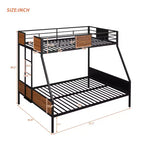 Lit superposé en métal double sur intégral avec motif grain de bois, Cadre de lits superposés en métal avec rail de sécurité pour enfants et adultes, Marron