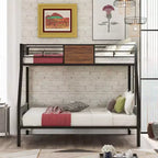 Lit superposé en métal double sur intégral avec motif grain de bois, Cadre de lits superposés en métal avec rail de sécurité pour enfants et adultes, Marron
