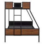 Lit superposé en métal double sur intégral avec motif grain de bois, Cadre de lits superposés en métal avec rail de sécurité pour enfants et adultes, Marron