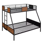 Lit superposé en métal double sur intégral avec motif grain de bois, Cadre de lits superposés en métal avec rail de sécurité pour enfants et adultes, Marron