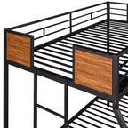Lit superposé en métal double sur intégral avec motif grain de bois, Cadre de lits superposés en métal avec rail de sécurité pour enfants et adultes, Marron