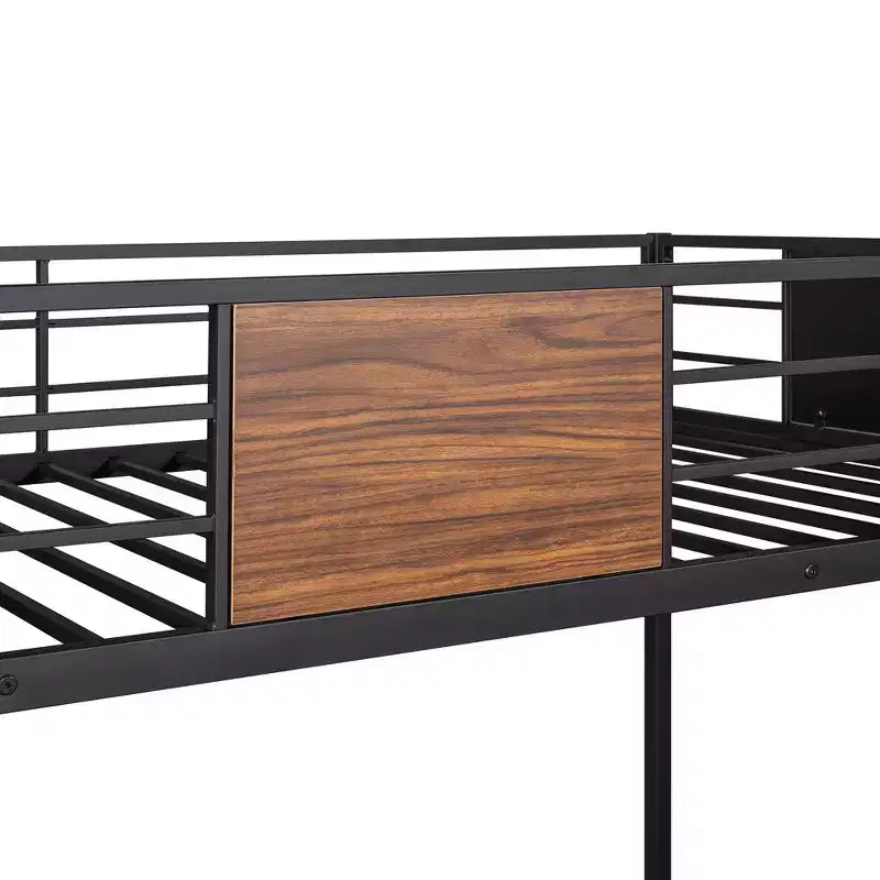 Lit superposé en métal double sur intégral avec motif grain de bois, Cadre de lits superposés en métal avec rail de sécurité pour enfants et adultes, Marron