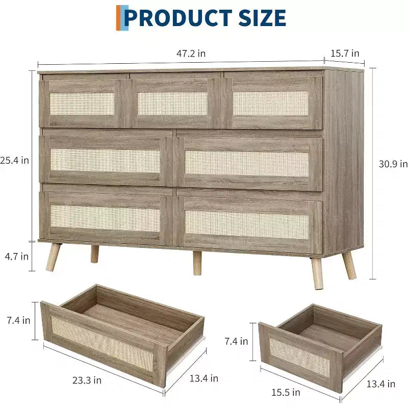 Commode 7 tiroirs en rotin, meuble de rangement moderne en bois avec façades tissées, grande commode pour chambre à coucher, salon, chambre d'enfant