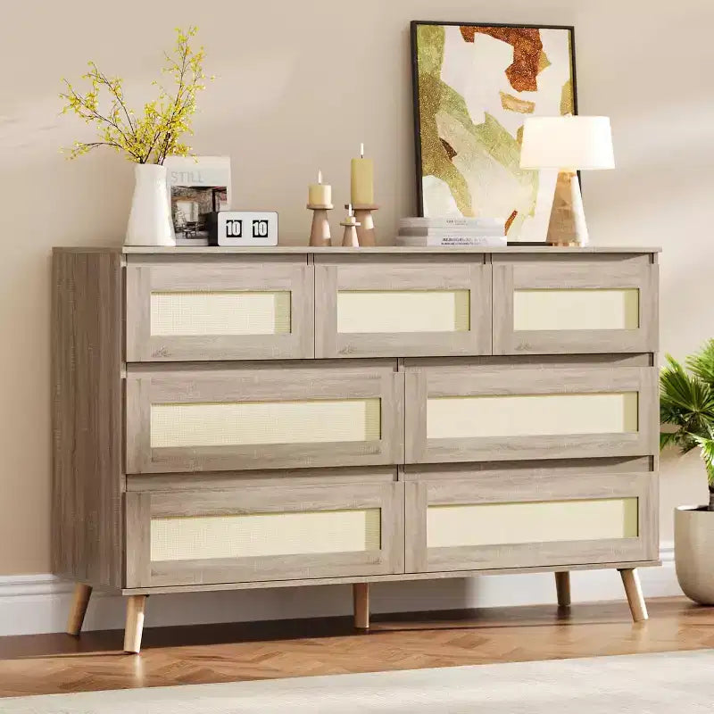 Commode 7 tiroirs en rotin, meuble de rangement moderne en bois avec façades tissées, grande commode pour chambre à coucher, salon, chambre d'enfant
