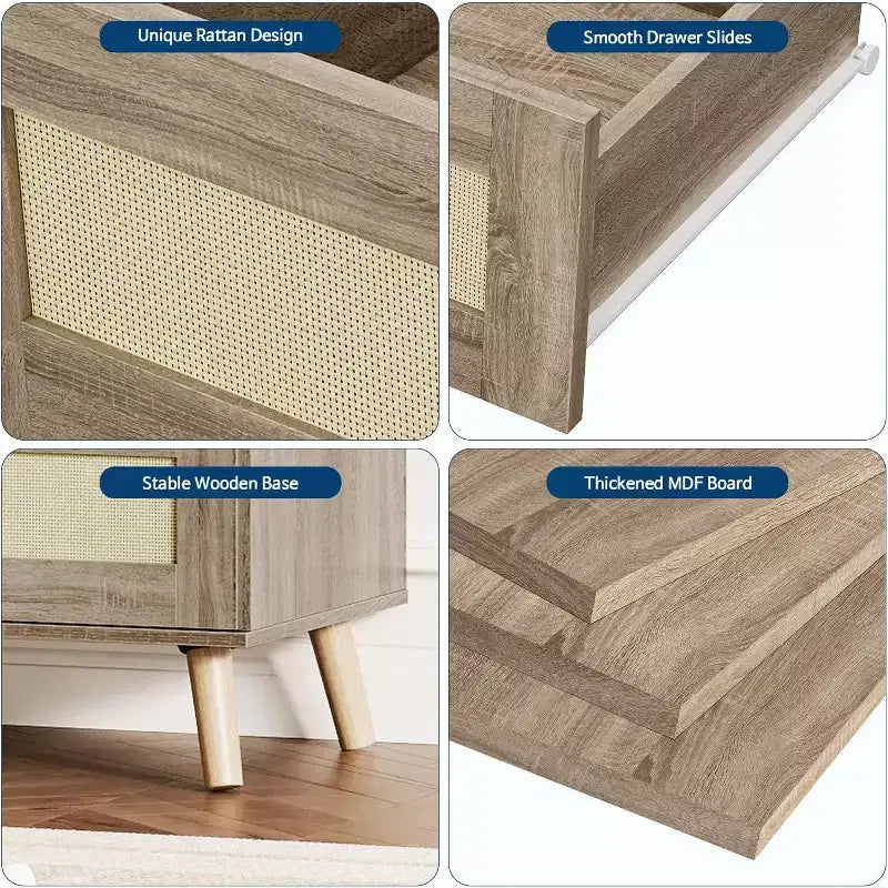 Commode 7 tiroirs en rotin, meuble de rangement moderne en bois avec façades tissées, grande commode pour chambre à coucher, salon, chambre d'enfant
