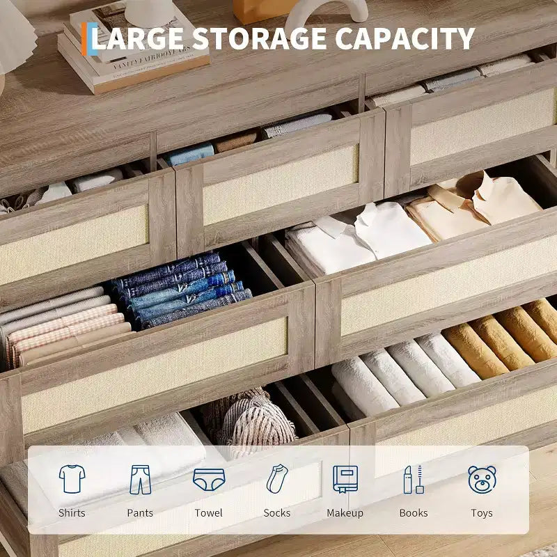 Commode 7 tiroirs en rotin, meuble de rangement moderne en bois avec façades tissées, grande commode pour chambre à coucher, salon, chambre d'enfant