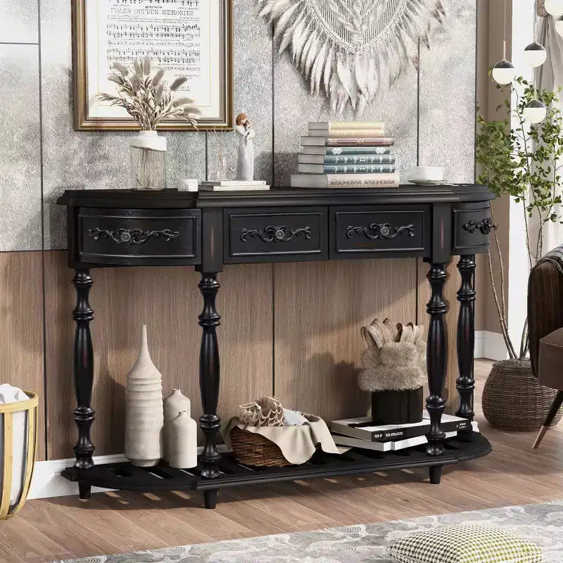 Console incurvée vintage de 52 po avec exquises sculptures, table d'entrée avec 4 tiroirs et 1 étagère, table d'appoint pour le salon, noire