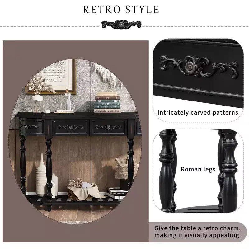 Console incurvée vintage de 52 po avec exquises sculptures, table d'entrée avec 4 tiroirs et 1 étagère, table d'appoint pour le salon, noire