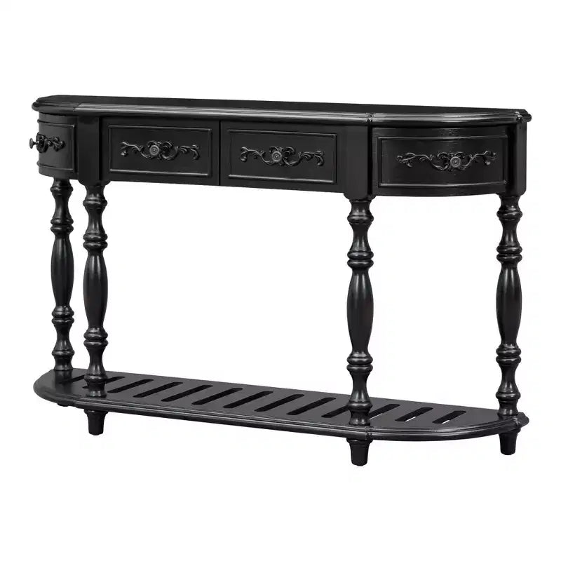 Console incurvée vintage de 52 po avec exquises sculptures, table d'entrée avec 4 tiroirs et 1 étagère, table d'appoint pour le salon, noire