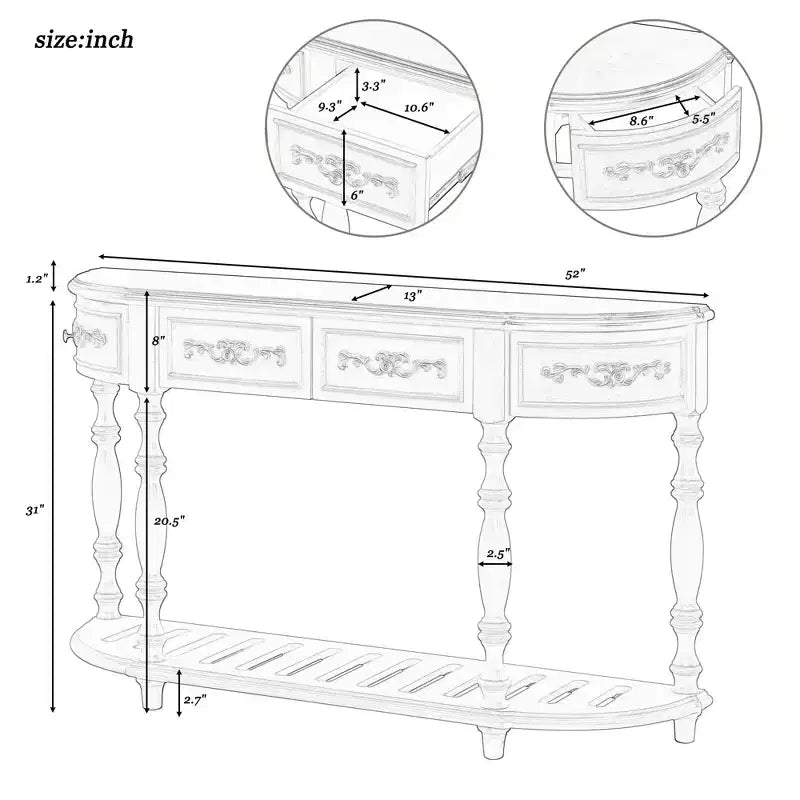 Console incurvée vintage de 52 po avec exquises sculptures, table d'entrée avec 4 tiroirs et 1 étagère, table d'appoint pour le salon, noire