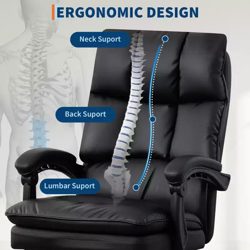 Fauteuil de bureau de direction à dossier hautCChaise de bureau en cuir PU noir avec repose-pieds, pivotement à 360° et support ergonomiqueCChaise d'ordinateur/gaming confortable pour la maison