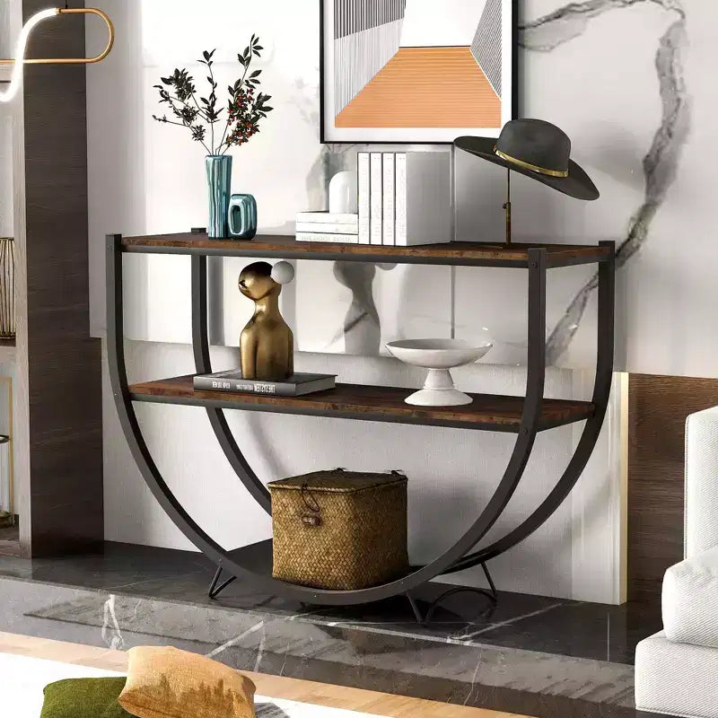 Console Demilune Industrielle avec Étagère Ouverte à 3 Niveaux (pour Entrée/Salon/Bureau)