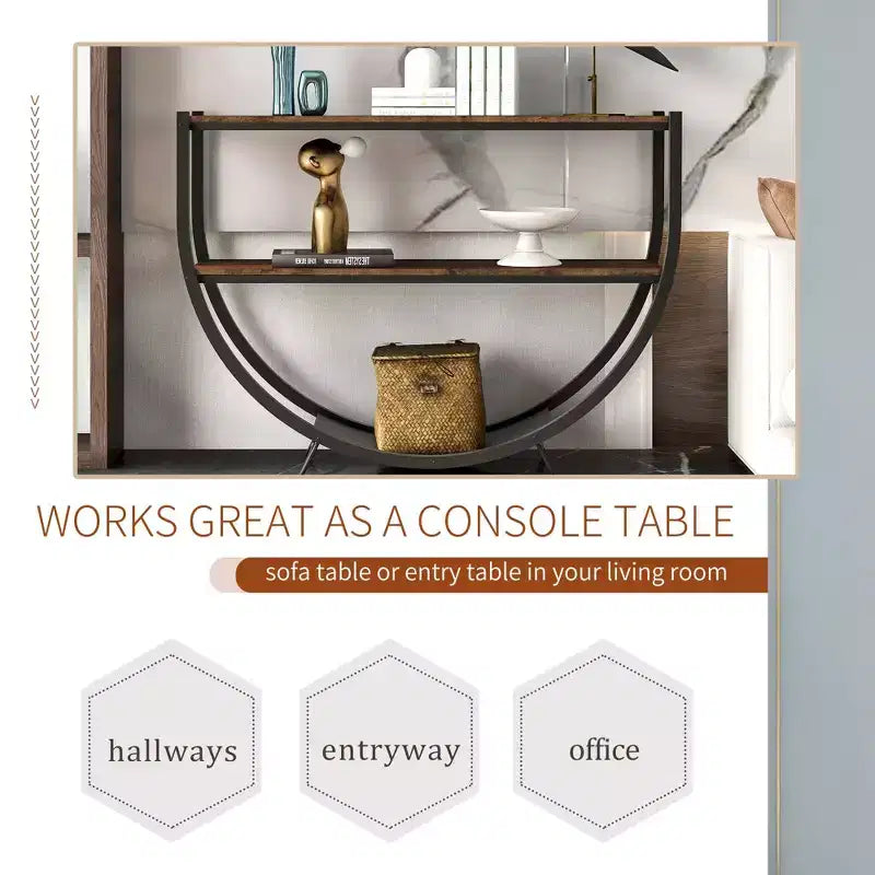 Console Demilune Industrielle avec Étagère Ouverte à 3 Niveaux (pour Entrée/Salon/Bureau)