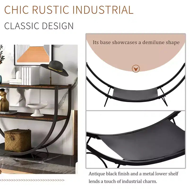 Console Demilune Industrielle avec Étagère Ouverte à 3 Niveaux (pour Entrée/Salon/Bureau)