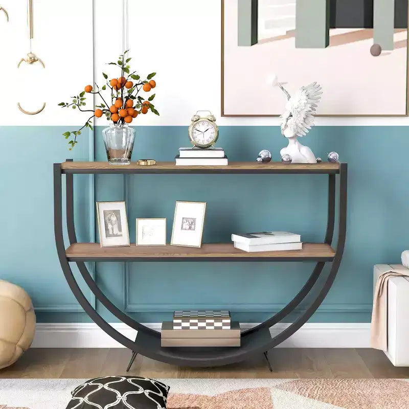 Console Demilune Industrielle avec Étagère Ouverte à 3 Niveaux (pour Entrée/Salon/Bureau)