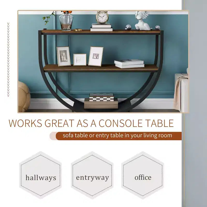 Console Demilune Industrielle avec Étagère Ouverte à 3 Niveaux (pour Entrée/Salon/Bureau)