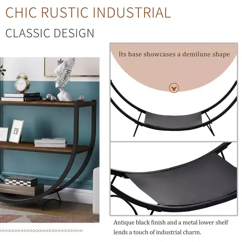 Console Demilune Industrielle avec Étagère Ouverte à 3 Niveaux (pour Entrée/Salon/Bureau)